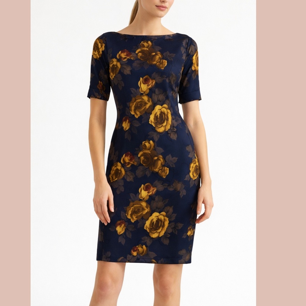 ST. JOHN [ 14 ] Floral Short Sleeve Silk Knee‎ Dress in Midnight Blue #U1705